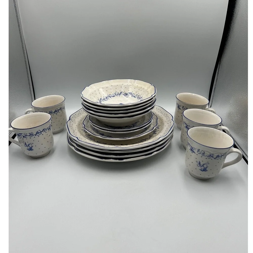 Stanhome Exclusive Rebecca Blue Floral Stoneware 14pc Plate Bowl Mug Set Korea